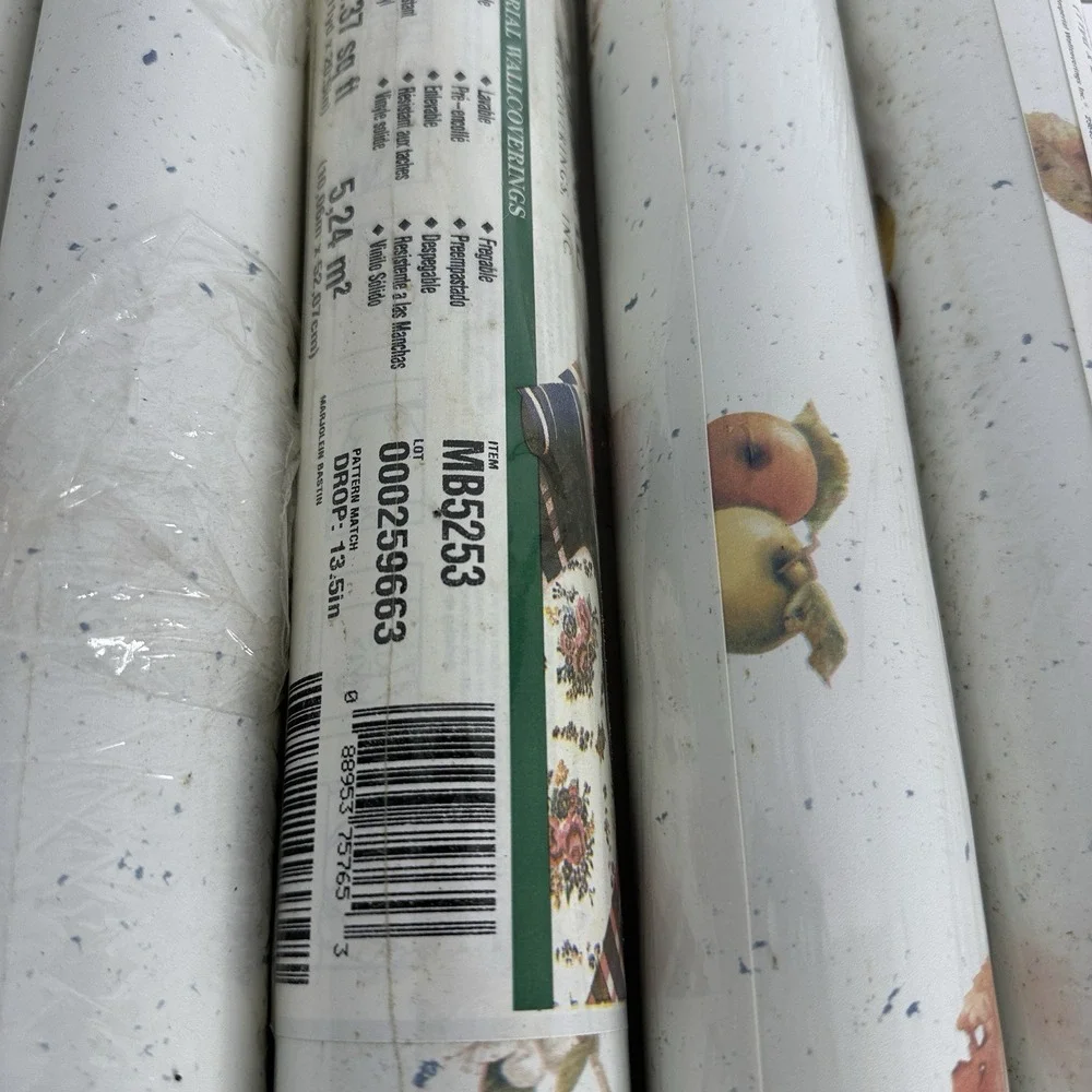 Imperial Wallpaper Vintage 5 DBL Rolls Prepasted‎ Fruit On Beige&White 000259663